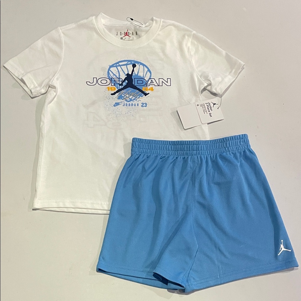 NEW! 2-PIECE JORDAN SET. White t-shirt & Sky Blue Shorts. Size 6. Boys.